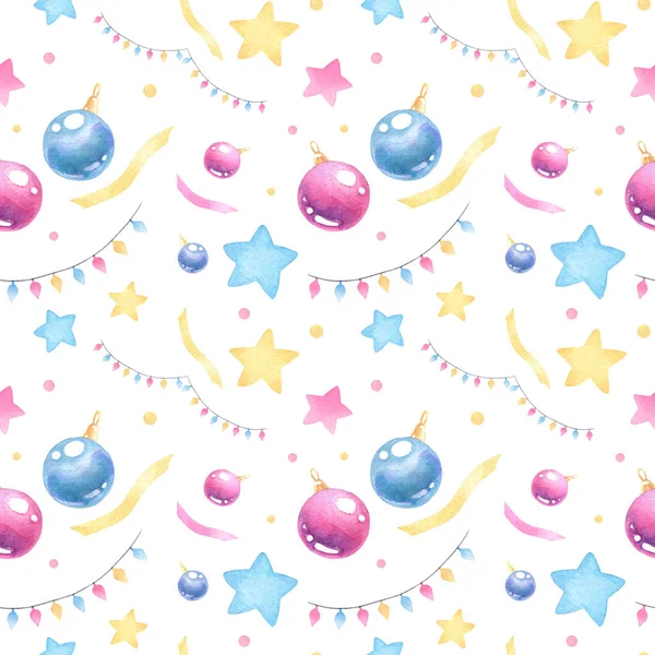 Tatlı suluboya desenler Noel baloları, çelenkler ve beyaz arka planda yıldızlar. Güzel renkler. Mutlu Noeller, kusursuz doku..