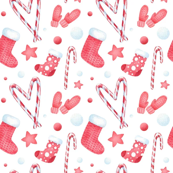Kusursuz Noel şablonu. Suluboya el, pek çok şirin unsurla noel dokusu çizdi. Yıldızlar, lolipoplar, çoraplar, eldivenler ve konfeti. Mavili, kırmızı beyaz renkler. Sonsuz süs