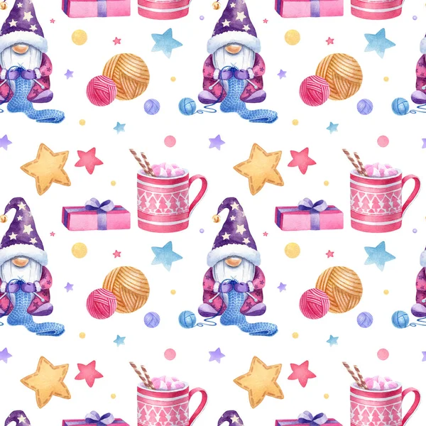 Noel tasarımın için güzel suluboya desenli. Beyaz arkaplandaki dokuyu bitirir. İskandinav cüce örgü, bir kupa kakao pembe kutuda, örgü iplikleri, yıldızlar. Konfeti, toplar. 