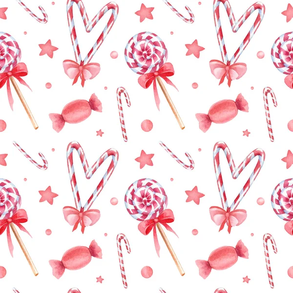 Suluboya el, pek çok şirin unsurla Noel deseni çizdi. Kusursuz noel dokusu. Kırmızı ve beyaz lolipoplar, bonbonlar, karamel, yıldızlar, konfeti. Güzel süs.
