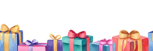 Noel tasarımın için renkli suluboya sonsuz bir süs. Bir sürü mavi, pembe, menekşe, yeşil, kırmızı, güzel fiyonklu hediyeler. Güzel noel deseni.