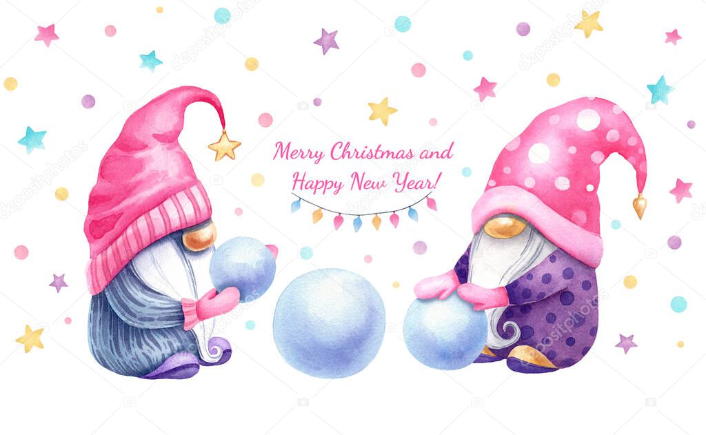 Watercolor hand drawn card. Christmas greeting. Two cute gnomes are making a snowman. On white background isolated. Merry Christmas and happy New Year card.