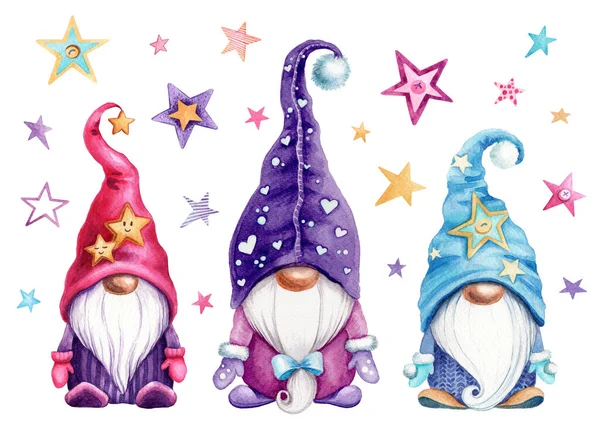 Watercolor Illustration Magic Gnomes Stars White Background Isolated — Stock Photo, Image