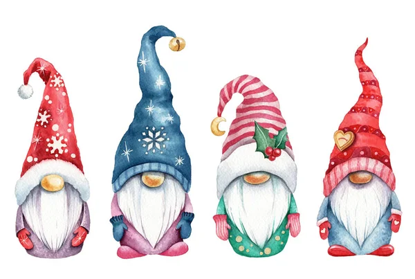 Watercolor Illustration Cute Christmas Gnomes — Stock Photo, Image