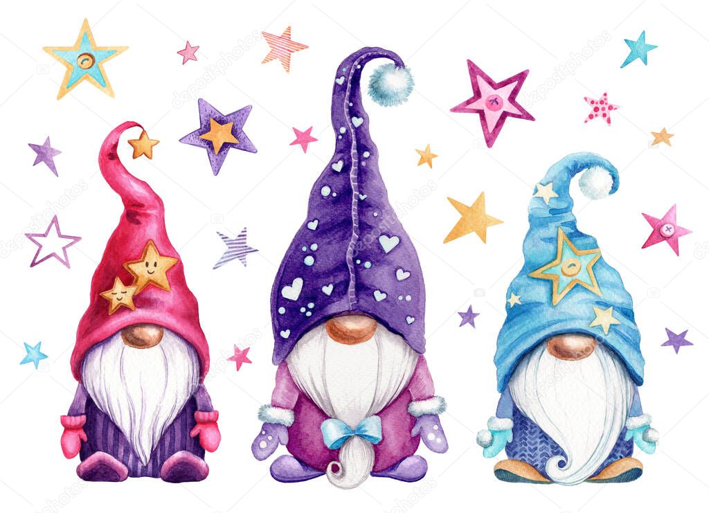 Watercolor illustration of magic gnomes with stars on white background isolated