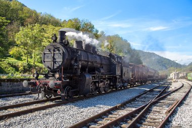 Eski Buhar Treni - lokomotif Nova Gorica, Slovenya, Avrupa 'daki tren istasyonundan ayrılıyor