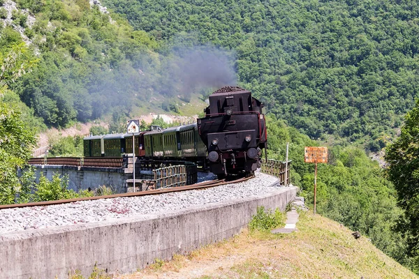 Solkan yakınlarındaki dünyanın en uzun taş köprüsündeki eski buhar treni - Nova Gorica, Slovenya