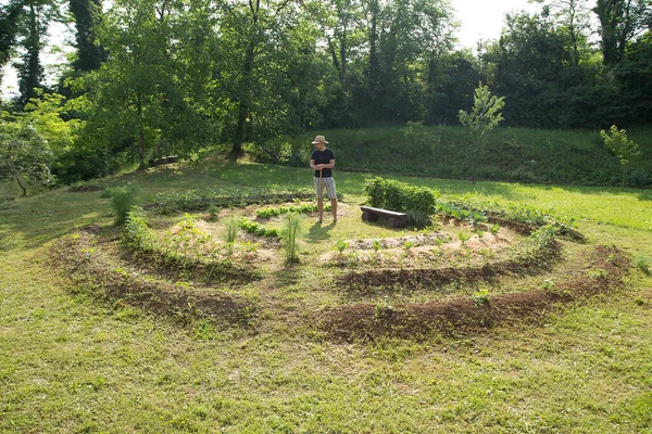 Young man with hat Working in a Home Grown Vegetable Garden