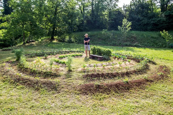 Evde yetişen sebze bahçesinde çalışan şapkalı genç adam.