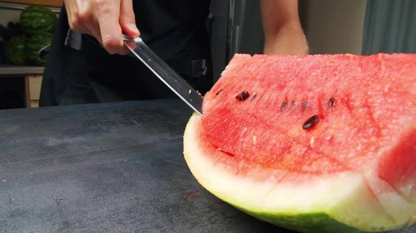 Cut Watermelon Small Square Pieces Knife — Stock Photo, Image