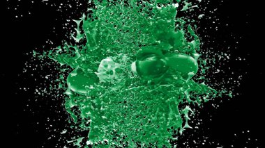 Kireç renkli bir mürekkep damlası tarafından oluşturulan soyut sıçrama arkaplanı, siyah arkaplana vurgulanır