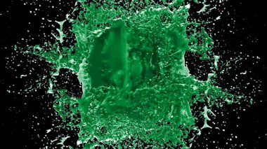 Kireç renkli bir mürekkep damlası tarafından oluşturulan soyut sıçrama arkaplanı, siyah arkaplana vurgulanır