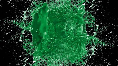 Kireç renkli bir mürekkep damlası tarafından oluşturulan soyut sıçrama arkaplanı, siyah arkaplana vurgulanır