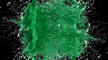 Kireç renkli bir mürekkep damlası tarafından oluşturulan soyut sıçrama arkaplanı, siyah arkaplana vurgulanır