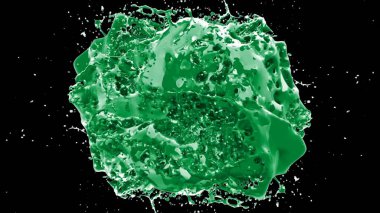 Kireç renkli bir mürekkep damlası tarafından oluşturulan soyut sıçrama arkaplanı, siyah arkaplana vurgulanır