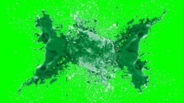 Soyut arkaplan, yeşil arkaplandaki sıçramalarla vurgulanan, limon renkli bir mürekkep damlasından oluşan bir sıçramadır.