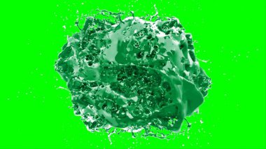 Soyut arkaplan, yeşil arkaplandaki sıçramalarla vurgulanan, limon renkli bir mürekkep damlasından oluşan bir sıçramadır.