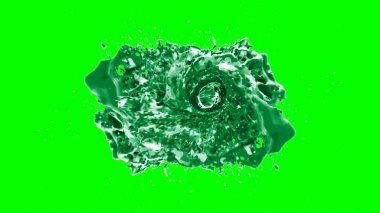 Soyut arkaplan, yeşil arkaplandaki sıçramalarla vurgulanan, limon renkli bir mürekkep damlasından oluşan bir sıçramadır.