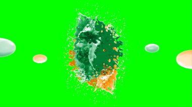 Suluboya tasarımının sanatsal çok renkli unsurları, soyut arkaplan, yeşil arkaplandaki sıçramalarla vurgulanan bir damla kireç ve turuncu mürekkeple oluşturulan bir sıçramadır.