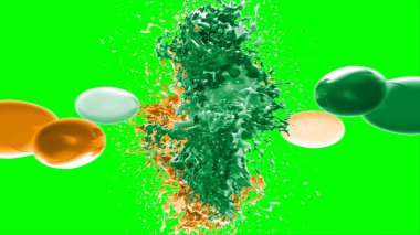 Suluboya tasarımının sanatsal çok renkli unsurları, soyut arkaplan, yeşil arkaplandaki sıçramalarla vurgulanan bir damla kireç ve turuncu mürekkeple oluşturulan bir sıçramadır.