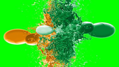 Suluboya tasarımının sanatsal çok renkli unsurları, soyut arkaplan, yeşil arkaplandaki sıçramalarla vurgulanan bir damla kireç ve turuncu mürekkeple oluşturulan bir sıçramadır.