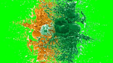 Suluboya tasarımının sanatsal çok renkli unsurları, soyut arkaplan, yeşil arkaplandaki sıçramalarla vurgulanan bir damla kireç ve turuncu mürekkeple oluşturulan bir sıçramadır.