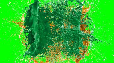 Suluboya tasarımının sanatsal çok renkli unsurları, soyut arkaplan, yeşil arkaplandaki sıçramalarla vurgulanan bir damla kireç ve turuncu mürekkeple oluşturulan bir sıçramadır.