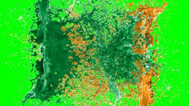 Suluboya tasarımının sanatsal çok renkli unsurları, soyut arkaplan, yeşil arkaplandaki sıçramalarla vurgulanan bir damla kireç ve turuncu mürekkeple oluşturulan bir sıçramadır.