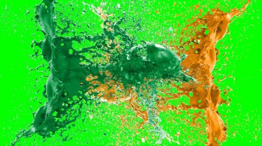 Suluboya tasarımının sanatsal çok renkli unsurları, soyut arkaplan, yeşil arkaplandaki sıçramalarla vurgulanan bir damla kireç ve turuncu mürekkeple oluşturulan bir sıçramadır.