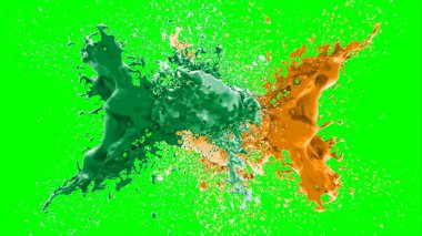 Suluboya tasarımının sanatsal çok renkli unsurları, soyut arkaplan, yeşil arkaplandaki sıçramalarla vurgulanan bir damla kireç ve turuncu mürekkeple oluşturulan bir sıçramadır.