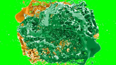 Suluboya tasarımının sanatsal çok renkli unsurları, soyut arkaplan, yeşil arkaplandaki sıçramalarla vurgulanan bir damla kireç ve turuncu mürekkeple oluşturulan bir sıçramadır.