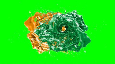 Suluboya tasarımının sanatsal çok renkli unsurları, soyut arkaplan, yeşil arkaplandaki sıçramalarla vurgulanan bir damla kireç ve turuncu mürekkeple oluşturulan bir sıçramadır.