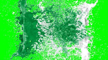 Suluboya tasarımının sanatsal çok renkli unsurları, soyut arkaplan, yeşil arka plandaki sıçramalarla vurgulanan bir damla kireç ve beyaz mürekkeple oluşturulan bir sıçramadır.