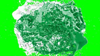 Suluboya tasarımının sanatsal çok renkli unsurları, soyut arkaplan, yeşil arka plandaki sıçramalarla vurgulanan bir damla kireç ve beyaz mürekkeple oluşturulan bir sıçramadır.