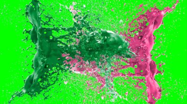 Soyut arkaplan, yeşil arkaplandaki sıçramalarla vurgulanan bir damla yeşil ve pembe mürekkep tarafından oluşturulan bir sıçramadır. Patlayan renkli mürekkebin dondurucu hareketi