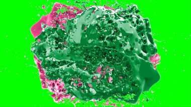 Soyut arkaplan, yeşil arkaplandaki sıçramalarla vurgulanan bir damla yeşil ve pembe mürekkep tarafından oluşturulan bir sıçramadır. Patlayan renkli mürekkebin dondurucu hareketi