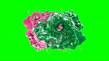 Soyut arkaplan, yeşil arkaplandaki sıçramalarla vurgulanan bir damla yeşil ve pembe mürekkep tarafından oluşturulan bir sıçramadır. Patlayan renkli mürekkebin dondurucu hareketi