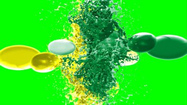 Soyut arkaplan, yeşil arkaplandaki sıçramalarla vurgulanan yeşil ve sarı mürekkep damlasının oluşturduğu bir sıçramadır. Patlayan renkli mürekkebin dondurucu hareketi.