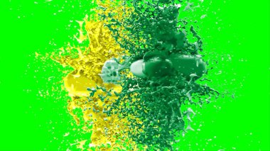 Soyut arkaplan, yeşil arkaplandaki sıçramalarla vurgulanan yeşil ve sarı mürekkep damlasının oluşturduğu bir sıçramadır. Patlayan renkli mürekkebin dondurucu hareketi.