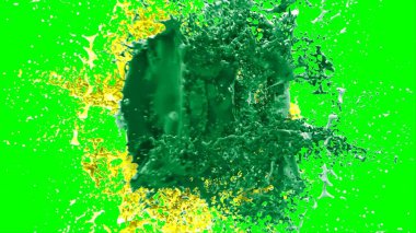 Soyut arkaplan, yeşil arkaplandaki sıçramalarla vurgulanan yeşil ve sarı mürekkep damlasının oluşturduğu bir sıçramadır. Patlayan renkli mürekkebin dondurucu hareketi.