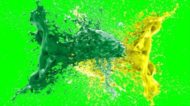 Soyut arkaplan, yeşil arkaplandaki sıçramalarla vurgulanan yeşil ve sarı mürekkep damlasının oluşturduğu bir sıçramadır. Patlayan renkli mürekkebin dondurucu hareketi.