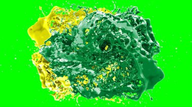 Soyut arkaplan, yeşil arkaplandaki sıçramalarla vurgulanan yeşil ve sarı mürekkep damlasının oluşturduğu bir sıçramadır. Patlayan renkli mürekkebin dondurucu hareketi.