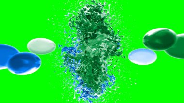 Soyut arkaplan, yeşil arkaplandaki sıçramalarla vurgulanan bir damla yeşil ve mavi mürekkep tarafından oluşturulan bir sıçramadır. Patlayan renkli mürekkebin dondurucu hareketi. Dışavurumculuk tarzında kaotik bir sanat eseri..