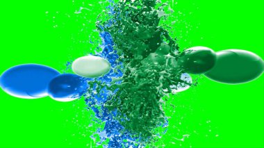 Soyut arkaplan, yeşil arkaplandaki sıçramalarla vurgulanan bir damla yeşil ve mavi mürekkep tarafından oluşturulan bir sıçramadır. Patlayan renkli mürekkebin dondurucu hareketi. Dışavurumculuk tarzında kaotik bir sanat eseri..