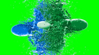 Soyut arkaplan, yeşil arkaplandaki sıçramalarla vurgulanan bir damla yeşil ve mavi mürekkep tarafından oluşturulan bir sıçramadır. Patlayan renkli mürekkebin dondurucu hareketi. Dışavurumculuk tarzında kaotik bir sanat eseri..