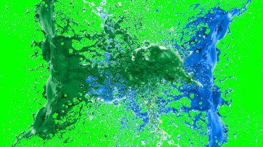 Soyut arkaplan, yeşil arkaplandaki sıçramalarla vurgulanan bir damla yeşil ve mavi mürekkep tarafından oluşturulan bir sıçramadır. Patlayan renkli mürekkebin dondurucu hareketi. Dışavurumculuk tarzında kaotik bir sanat eseri..