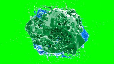 Soyut arkaplan, yeşil arkaplandaki sıçramalarla vurgulanan bir damla yeşil ve mavi mürekkep tarafından oluşturulan bir sıçramadır. Patlayan renkli mürekkebin dondurucu hareketi. Dışavurumculuk tarzında kaotik bir sanat eseri..