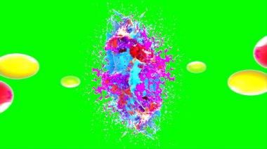 Soyut arkaplan, yeşil arkaplandaki sıçramalarla vurgulanan bir damla kırmızı ve mavi mürekkep tarafından oluşturulan bir sıçramadır. Patlayan renkli mürekkebin dondurucu hareketi. Dışavurumculuk tarzında kaotik bir sanat eseri.