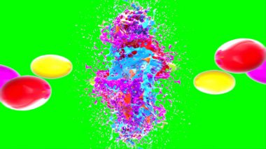 Soyut arkaplan, yeşil arkaplandaki sıçramalarla vurgulanan bir damla kırmızı ve mavi mürekkep tarafından oluşturulan bir sıçramadır. Patlayan renkli mürekkebin dondurucu hareketi. Dışavurumculuk tarzında kaotik bir sanat eseri.