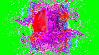 Soyut arkaplan, yeşil arkaplandaki sıçramalarla vurgulanan bir damla kırmızı ve mavi mürekkep tarafından oluşturulan bir sıçramadır. Patlayan renkli mürekkebin dondurucu hareketi. Dışavurumculuk tarzında kaotik bir sanat eseri.